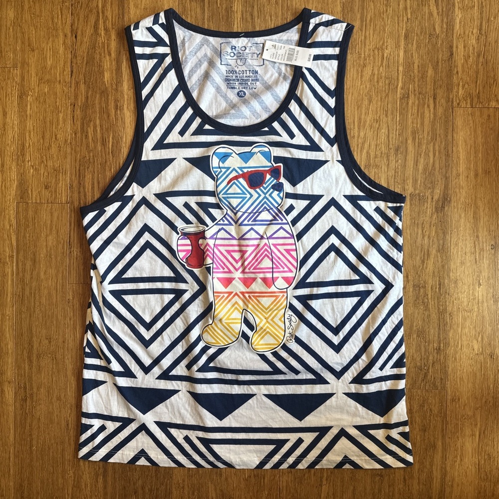 NWT Riot Society Cool Multi Color Bear Tank Men's XL 100% Cotton USA Made